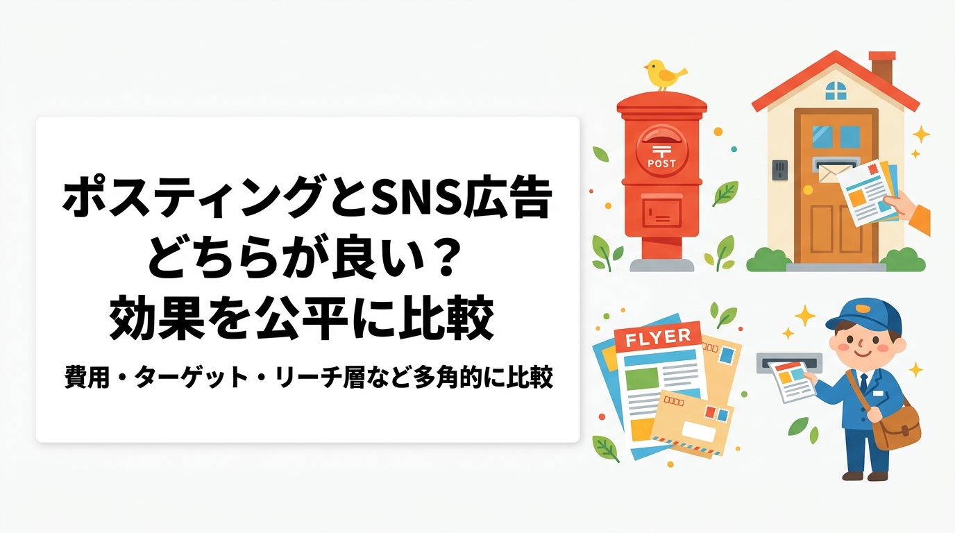 ポスティングとSNS広告の効果を費用・ターゲット精度・リーチ層・業種適性など多角的に比較。どちらが良いかは事業者の状況次第。選び方の判断軸を実務目線で解説します。