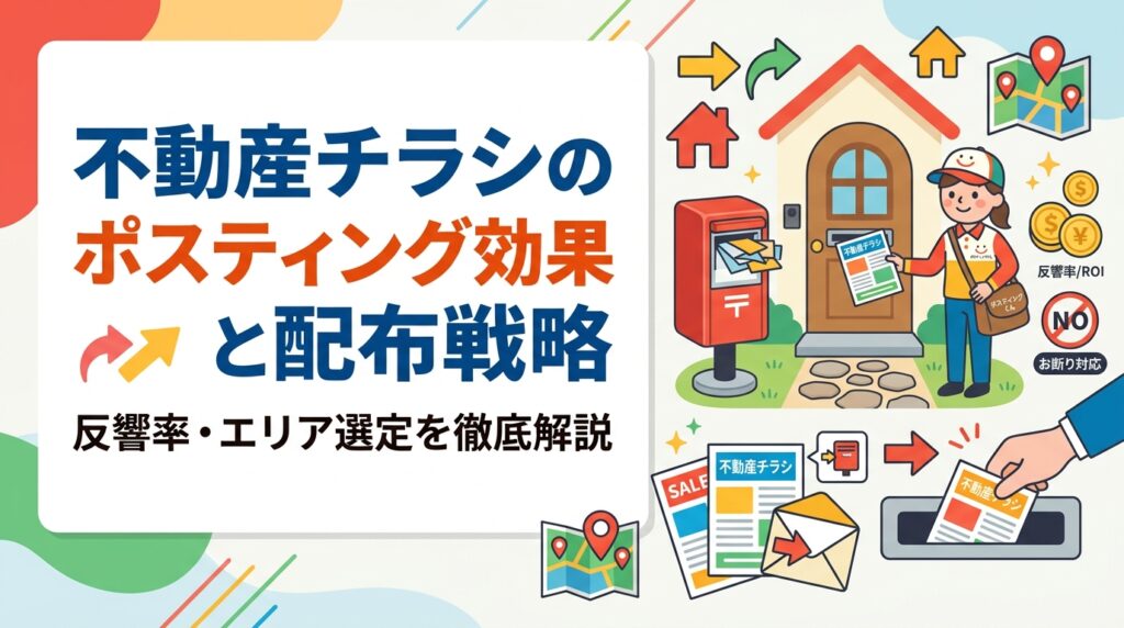 不動産会社向けにポスティングによるチラシ配布の効果を解説。売却案内・入居者募集・開店告知の活用シーン、反響率の目安（0.05〜0.2%）、エリア選定のコツ、お断り表示対応まで実務的に紹介します。