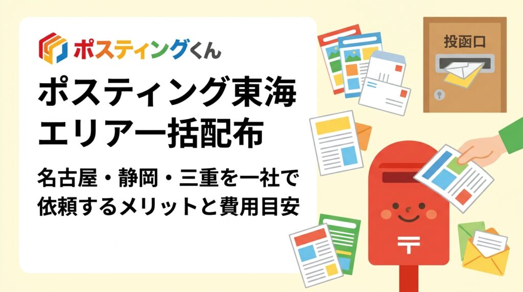 名古屋・静岡・三重など東海圏複数エリアのポスティングを一社に一括依頼するメリット、エリア別の料金目安・配布密度の考え方、全国対応業者が効率的な理由を実務的に解説します。