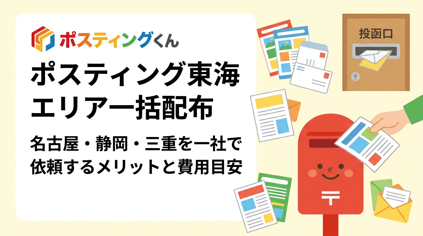 名古屋・静岡・三重など東海圏複数エリアのポスティングを一社に一括依頼するメリット、エリア別の料金目安・配布密度の考え方、全国対応業者が効率的な理由を実務的に解説します。