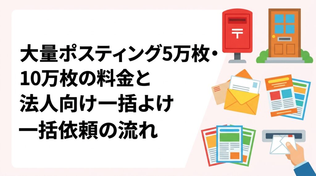 5万枚・10万枚の大量ポスティングを検討中の法人・チェーン店向けに、単価目安・スケジュール・複数エリア一括依頼の流れを実務的に解説。追加費用なしの明朗会計で全国対応。