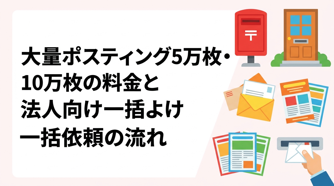 5万枚・10万枚の大量ポスティングを検討中の法人・チェーン店向けに、単価目安・スケジュール・複数エリア一括依頼の流れを実務的に解説。追加費用なしの明朗会計で全国対応。