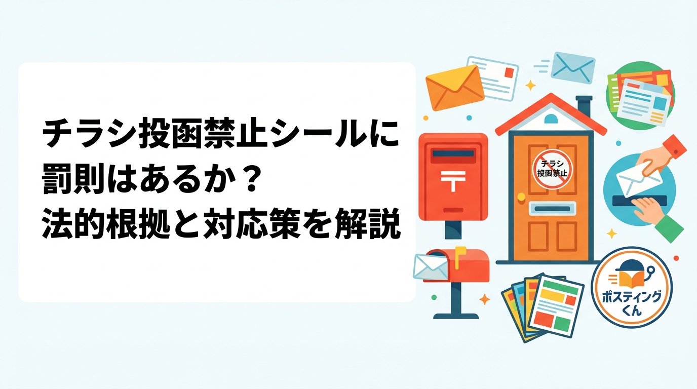 チラシの投函禁止シールを無視した場合に罰則はあるのか、不法侵入・迷惑行為防止条例など公知の法的論点をわかりやすく解説。ポスティング事業者・自社配布担当者が知っておくべき対応策とクレーム予防のポイントも紹介。
