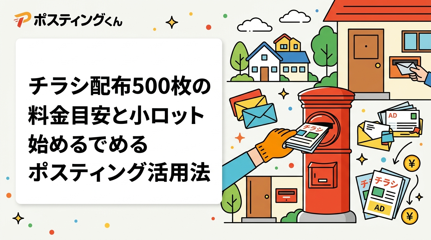 チラシ配布500枚の料金目安や小ロットでも依頼できる業者の選び方を解説。1枚単価が割高にならない仕組みや試し打ちの活用法も紹介します。エリア・枚数により変動あり。