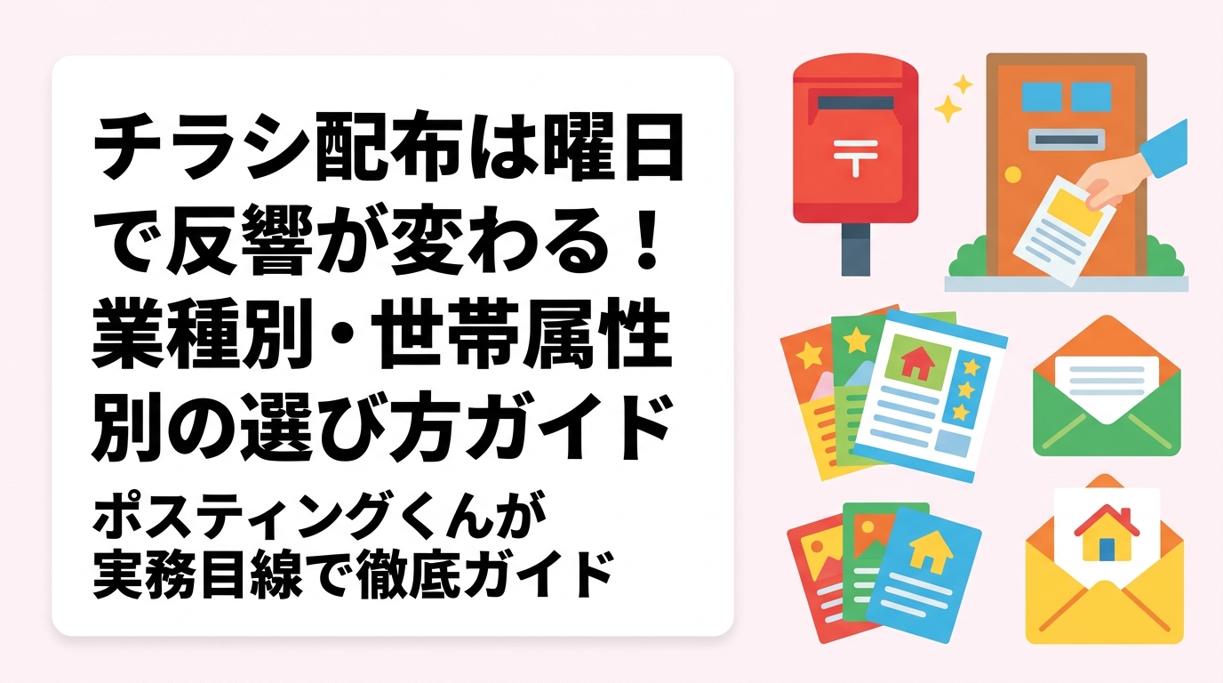 チラシ配布の曜日選びが反響率を左右します。飲食・小売・サービス業ごとに、ターゲット世帯属性と曜日の相性を業種別早見表と判断フローで解説。ポスティングくんが実務目線で徹底ガイド。