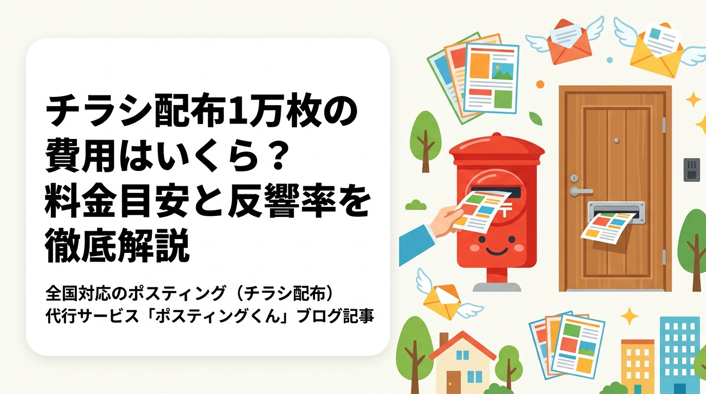 チラシ配布1万枚の費用目安をレンジで紹介。印刷込みと配布のみの違い、業種別反響率の目安、コスト削減のポイントまで実務的に解説します。
