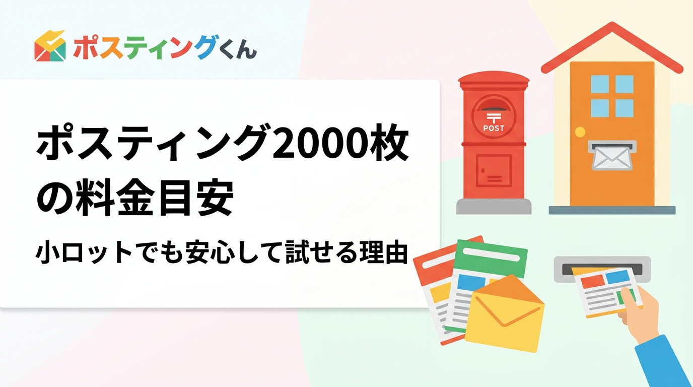 ポスティング2000枚の料金目安をわかりやすく解説。エリア・配布方法・時期による変動要因、小ロット対応の仕組み、GPS報告での安心感まで実務的に紹介します。