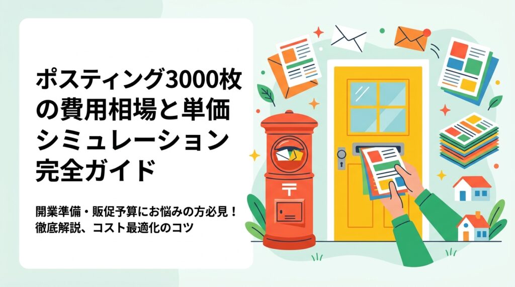 ポスティング3000枚の費用相場を徹底解説。配布方法・エリア・印刷込みの料金目安からコスト最適化のコツまで、開業準備中・販促予算が限られた中小企業担当者に向けて実務的に紹介します。