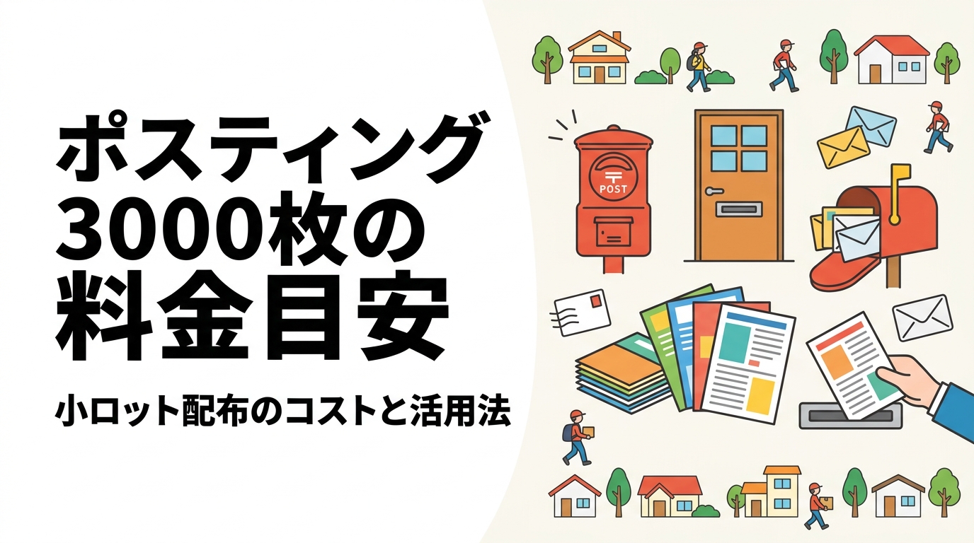 ポスティング3000枚の料金目安をシミュレーションで解説。小ロット対応の最低枚数・まとめ配布との比較・印刷込みワンストップの利便性・GPS管理の安心感まで飲食店・サロン・個人事業主向けに詳しく紹介します。