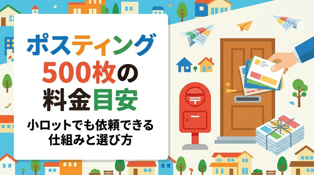 ポスティング500枚の料金目安や小ロット対応の仕組みをわかりやすく解説。GPS配布報告・明朗会計で初めてでも安心。エリア・時期により変動するため無料見積りも活用しよう。