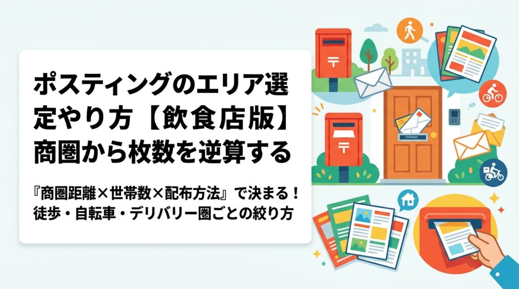 飲食店のポスティングエリア選定は「商圏距離×世帯数×配布方法」で決まります。徒歩・自転車・デリバリー圏ごとの絞り方と枚数計算の目安を、実務的な手順で解説します。