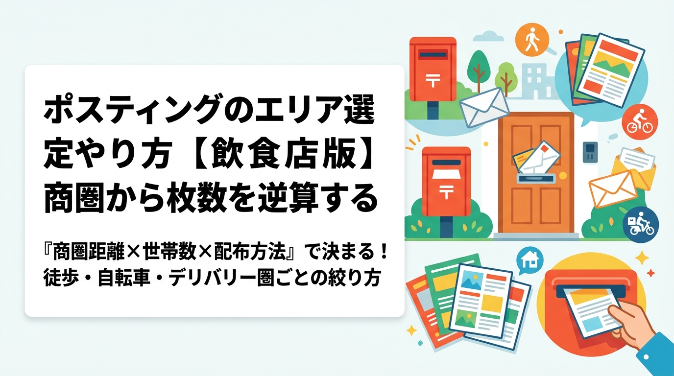 飲食店のポスティングエリア選定は「商圏距離×世帯数×配布方法」で決まります。徒歩・自転車・デリバリー圏ごとの絞り方と枚数計算の目安を、実務的な手順で解説します。