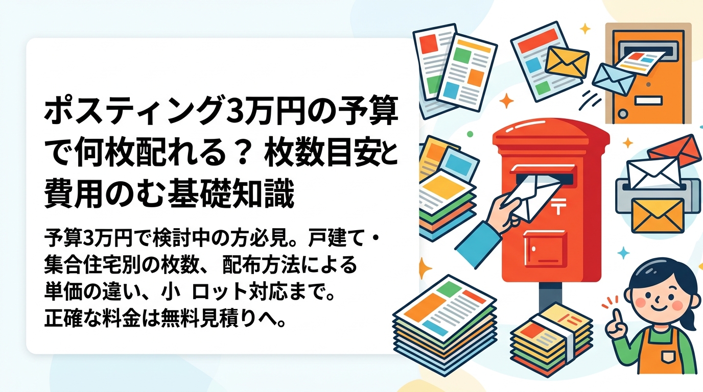 ポスティングを3万円の予算で検討中の方へ。戸建て・集合住宅別の枚数目安、配布方法による単価の違い、小ロット対応の選び方まで実務的に解説。正確な料金は無料見積りへ。