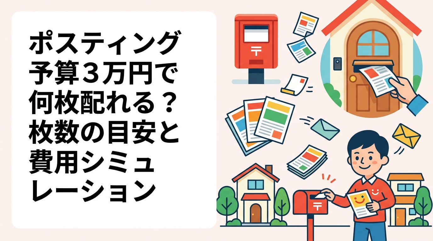 ポスティングの予算3万円でどれくらいの枚数が配布できるか、相場レンジと費用シミュレーションを詳しく解説。小ロット・印刷込みの費用感も紹介。エリアや時期で変動するため、正確には無料見積りをご活用ください。