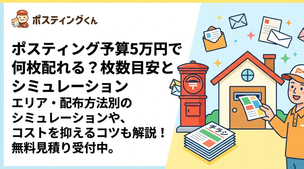 ポスティングの予算5万円で配れる枚数の目安を、エリア・配布方法別にシミュレーション。小ロット対応や印刷込み発注でコストを抑えるコツも解説。無料見積り受付中。