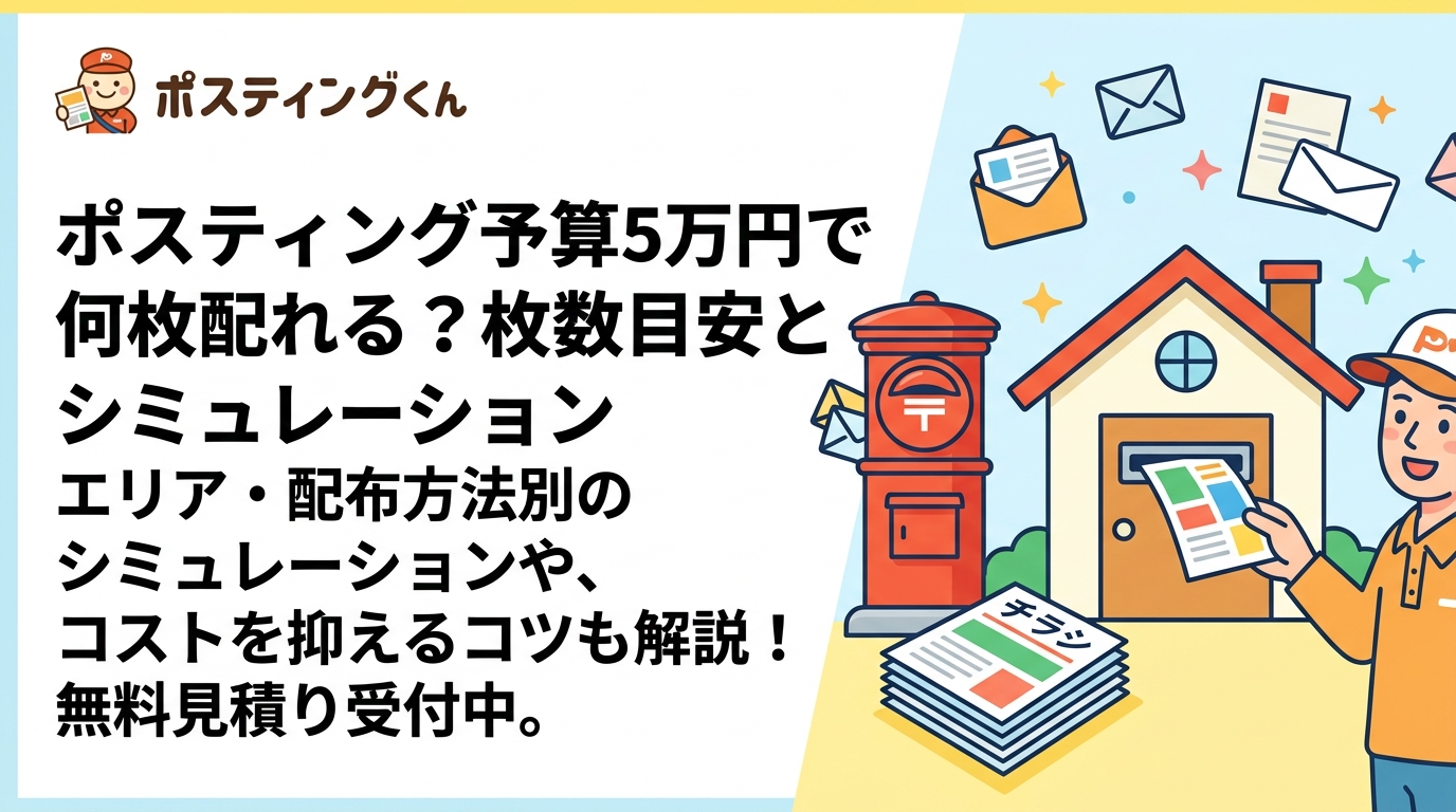 ポスティングの予算5万円で配れる枚数の目安を、エリア・配布方法別にシミュレーション。小ロット対応や印刷込み発注でコストを抑えるコツも解説。無料見積り受付中。