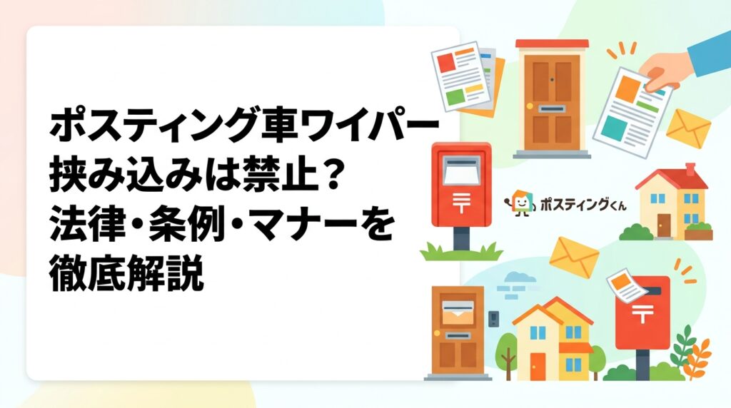 車のワイパーへのチラシ挟み込みは法律・条例・マナー上どう問題になるのか。ポスト投函との違いや、安全に集客できるポスティング代行の活用法まで実務的に解説します。