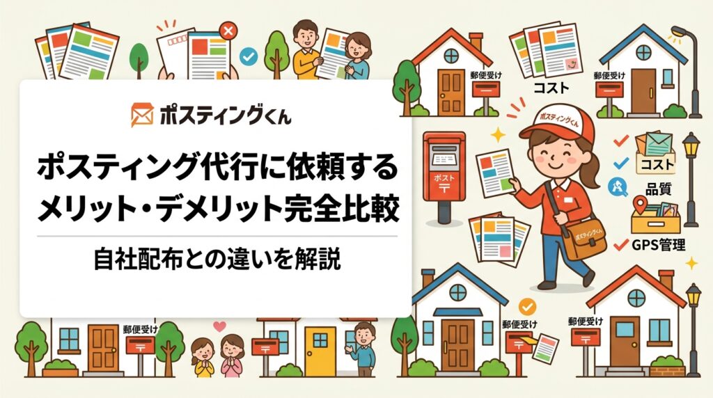 ポスティング代行への依頼を検討中の方へ。自社配布と代行のコスト・品質・GPS管理の違いをわかりやすく比較。メリットだけでなくデメリットも正直に解説します。