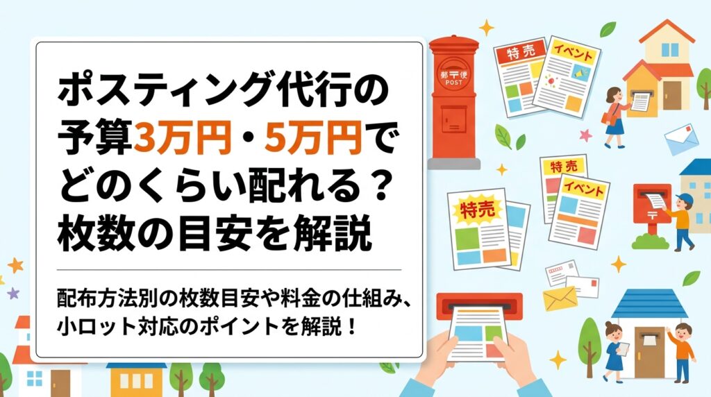 ポスティング代行を予算3万円・5万円で依頼した場合、チラシは何枚配れる？配布方法別の枚数目安や料金の仕組み、小ロット対応のポイントをわかりやすく解説します。