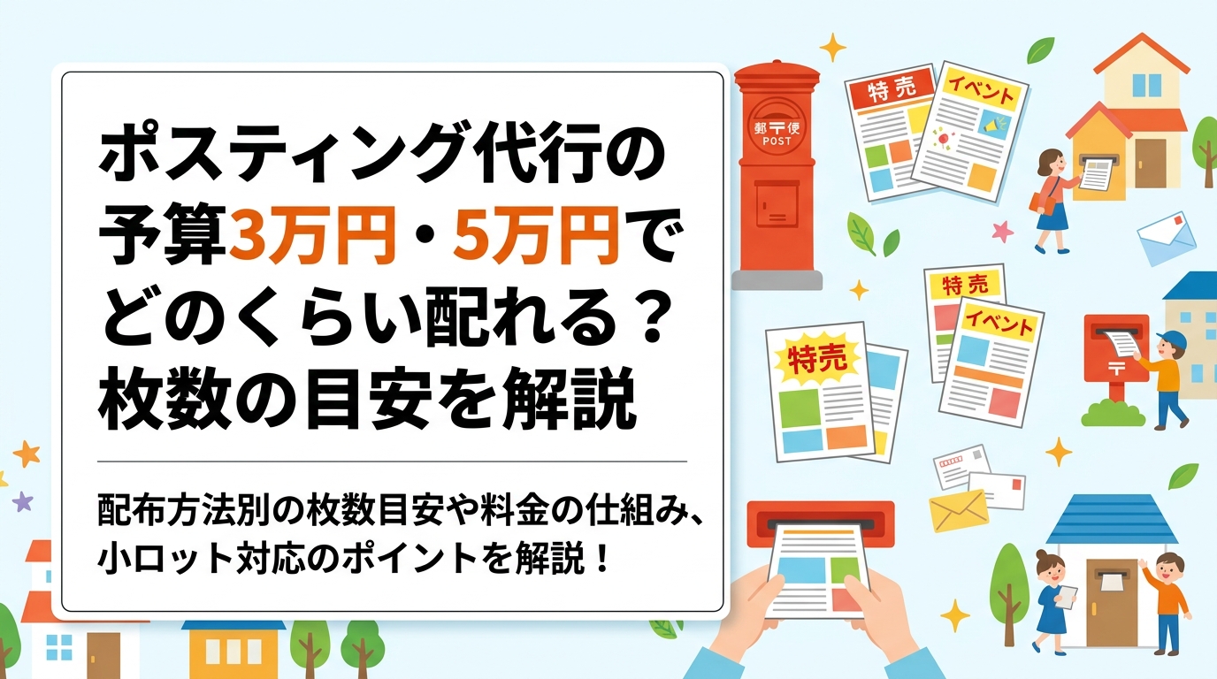 ポスティング代行を予算3万円・5万円で依頼した場合、チラシは何枚配れる?配布方法別の枚数目安や料金の仕組み、小ロット対応のポイントをわかりやすく解説します。