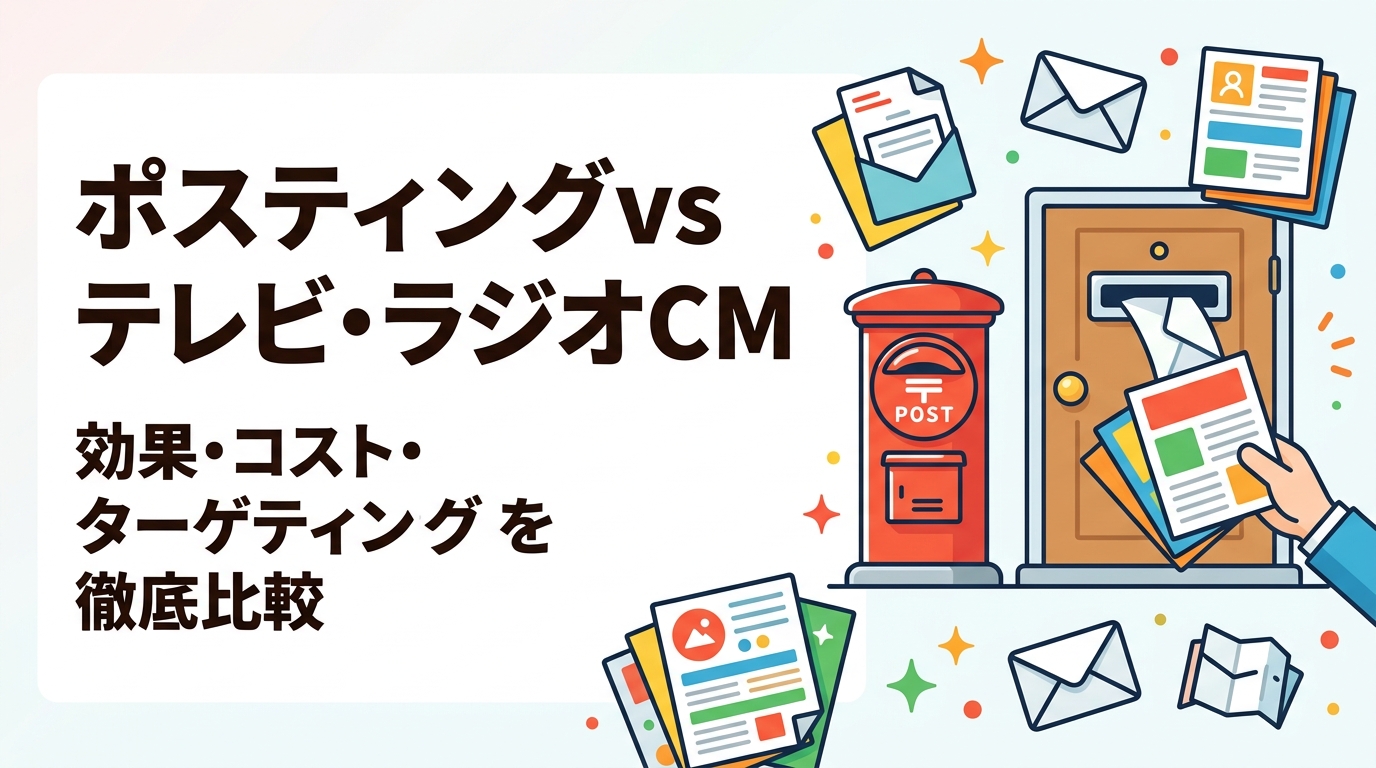 ポスティングとテレビ・ラジオCMの効果・費用・ターゲティング精度を実務視点で比較。小予算・狭エリアに強いポスティングが向くケース・向かないケースも正直に解説します。
