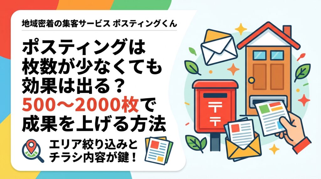 ポスティングは枚数が少なくても、エリア絞り込みとチラシ内容を工夫すれば十分な効果が期待できます。500〜2000枚の小ロットで反響を出すための考え方と業者の選び方を解説します。