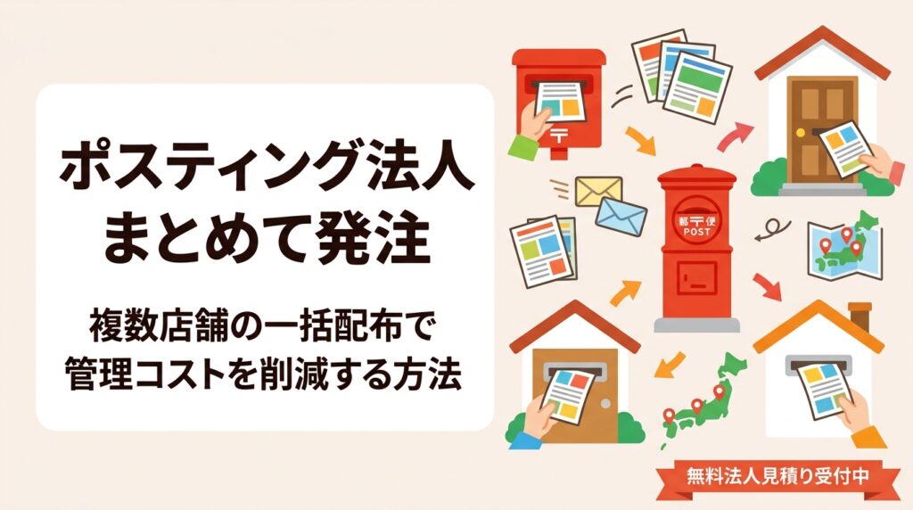 複数店舗・支店を持つ法人がポスティングをまとめて発注するメリットを解説。全国エリア指定・GPS進捗報告・統一フォーマット対応で販促を効率化。無料法人見積り受付中。
