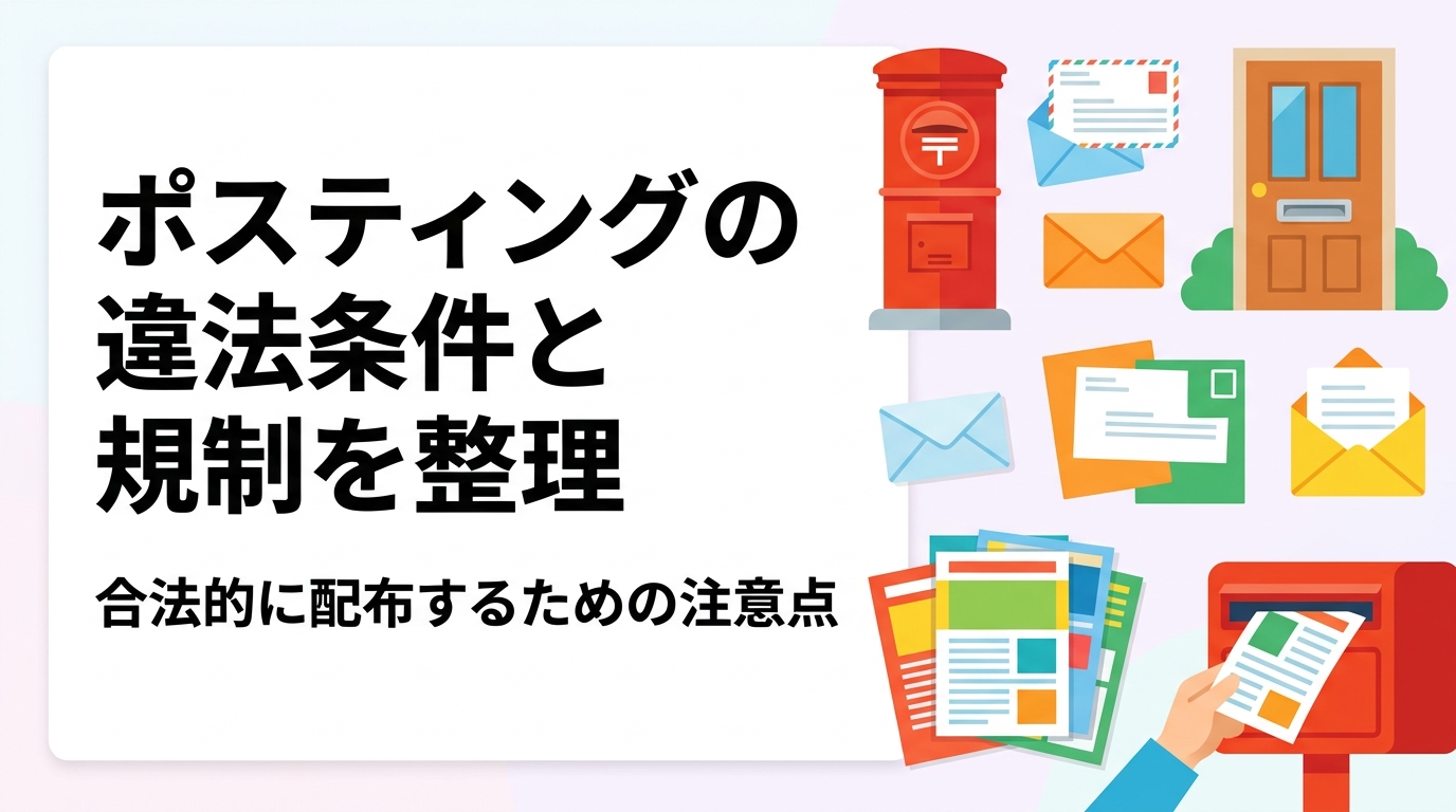 ポスティングは基本的に合法ですが、投函禁止物件への投函や深夜配布、景品表示法上の記載ルールなど注意点があります。法的リスクを避けて安全にチラシ配布するための条件と規制を詳しく解説します。