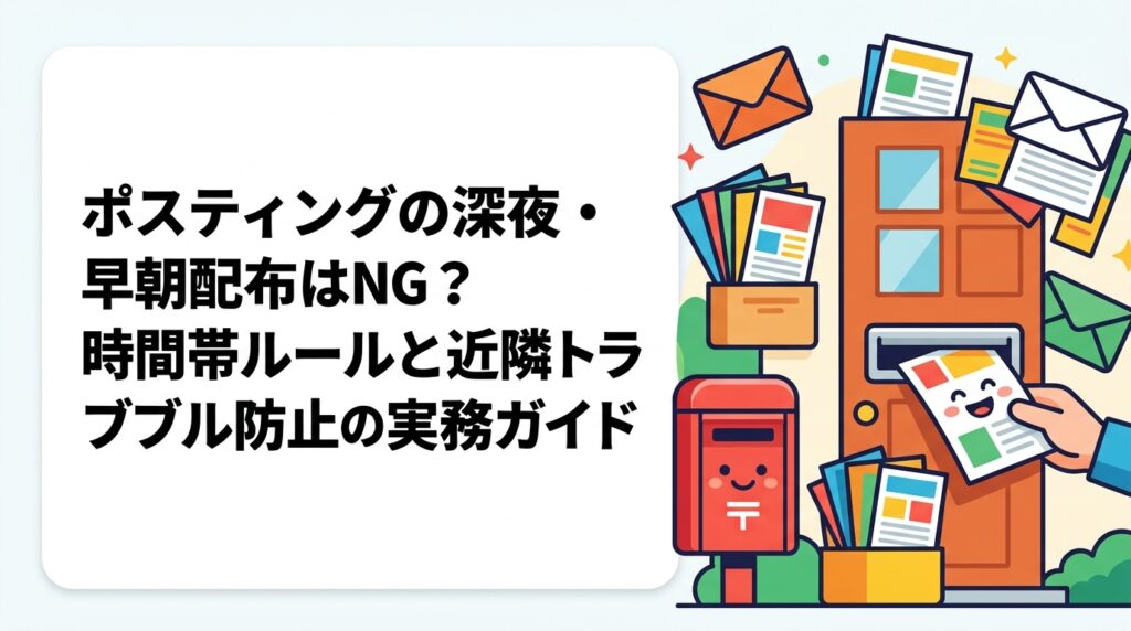 ポスティングの深夜・早朝配布は軽犯罪法や迷惑防止条例に抵触するリスクがあります。法的・社会的な観点から適切な配布時間帯のルールと、トラブルを防ぐ実務的な対策をわかりやすく解説します。