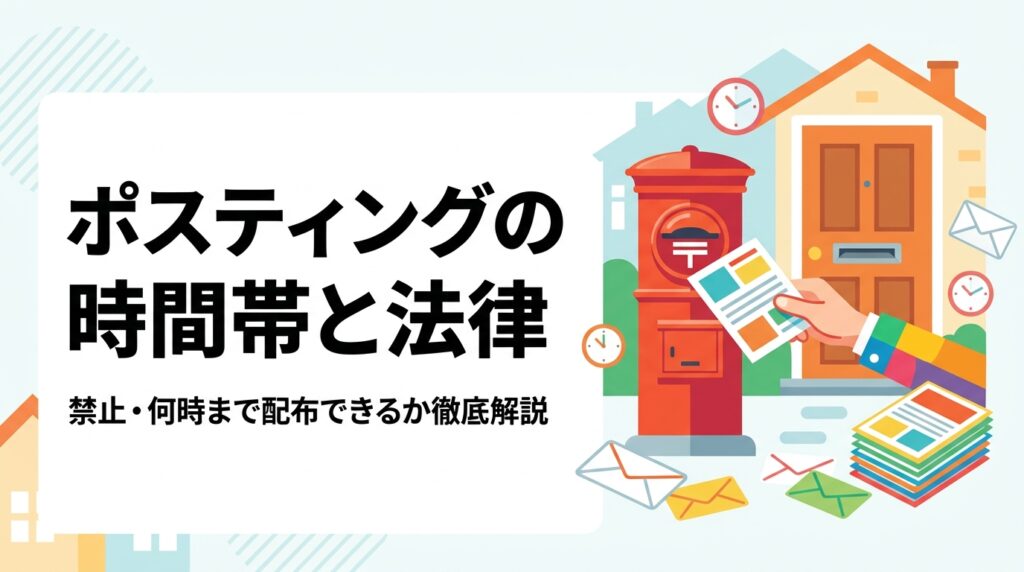 ポスティングの配布時間帯に関する法律・条例・マナーを実務視点で解説。深夜・早朝の禁止ルール、騒音トラブル対策、条例の注意点から代行業者活用のメリットまで網羅。