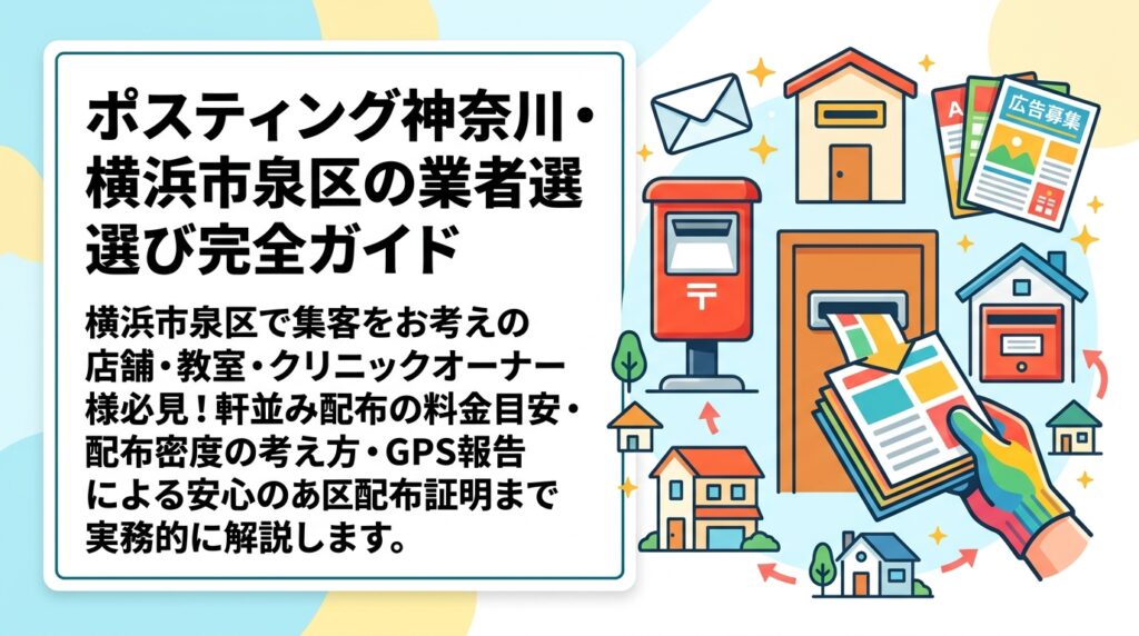 横浜市泉区でポスティングを検討中の店舗・教室・クリニックオーナー向けに、軒並み配布の料金目安・配布密度の考え方・GPS報告による安心の配布証明まで実務的に解説します。