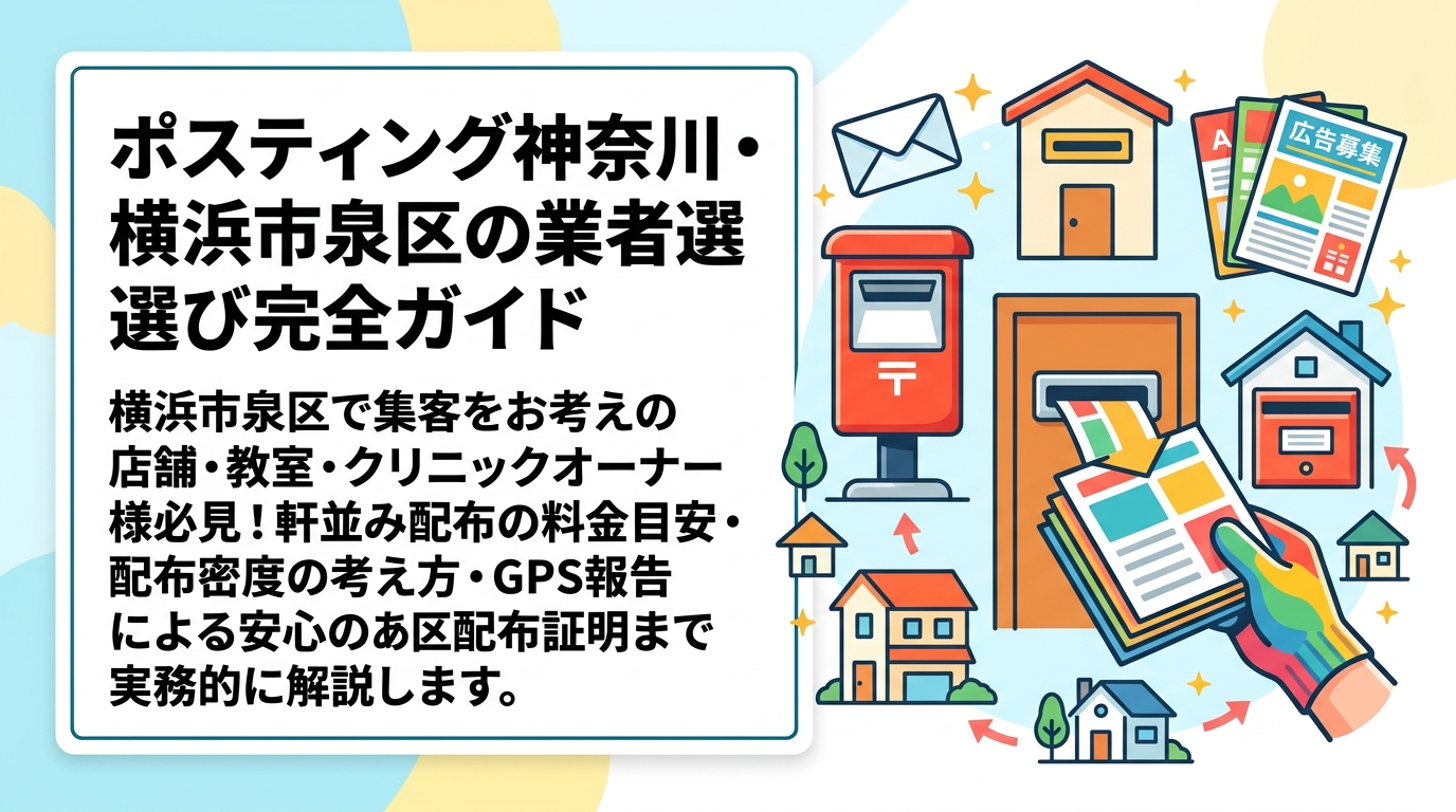横浜市泉区でポスティングを検討中の店舗・教室・クリニックオーナー向けに、軒並み配布の料金目安・配布密度の考え方・GPS報告による安心の配布証明まで実務的に解説します。