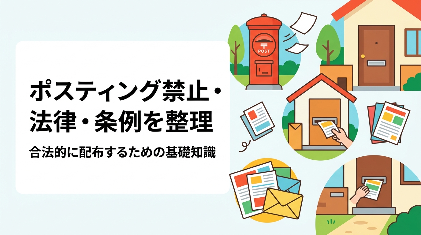 ポスティングが違法になりうる条件(不法侵入・軽犯罪法・迷惑防止条例など)を公知の一般論として整理。禁止表示の扱いや代行業者活用でコンプライアンスリスクを下げる方法をわかりやすく解説します。