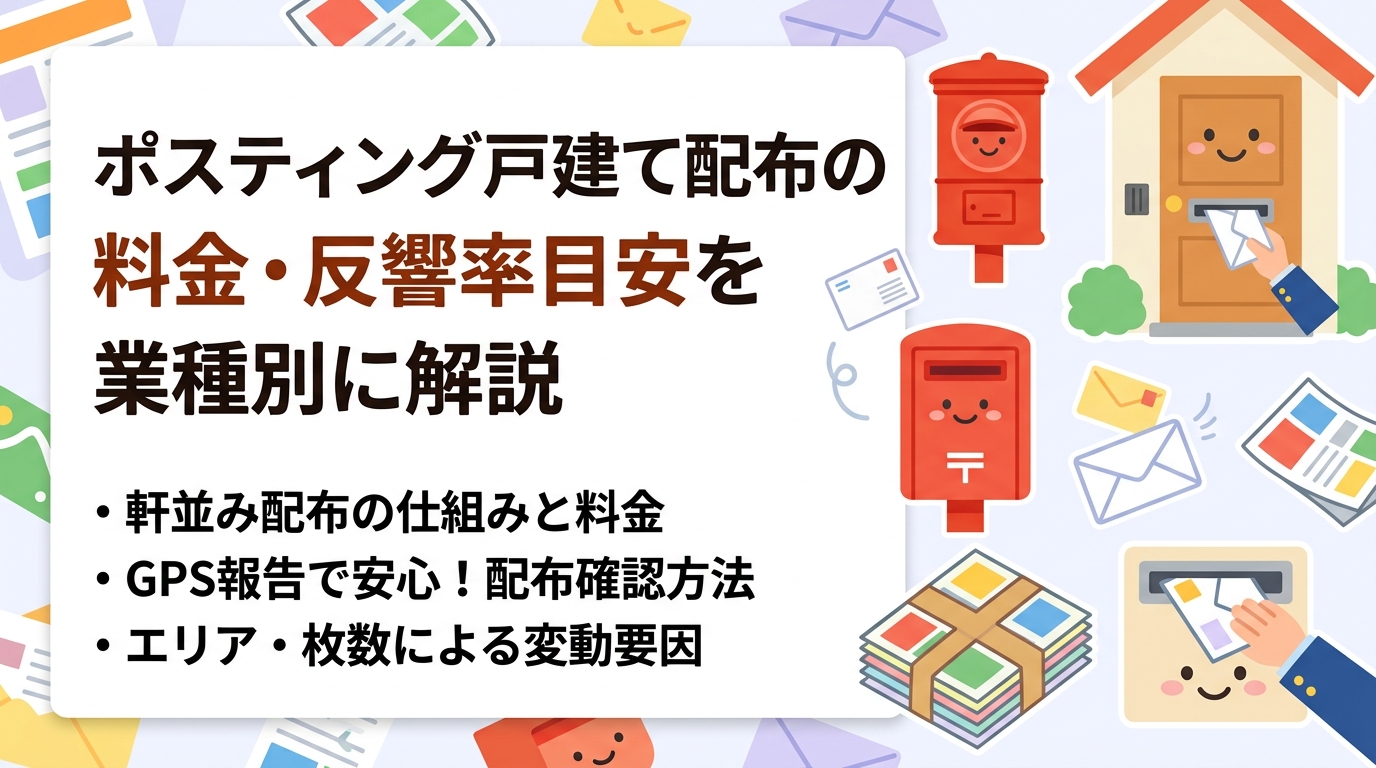 ポスティングの戸建て配布にかかる料金の目安や業種別の反響率を実務的に解説。軒並み配布の仕組み・GPS報告による確認方法・エリアや枚数による変動要因まで配布担当者向けに詳しく紹介します。