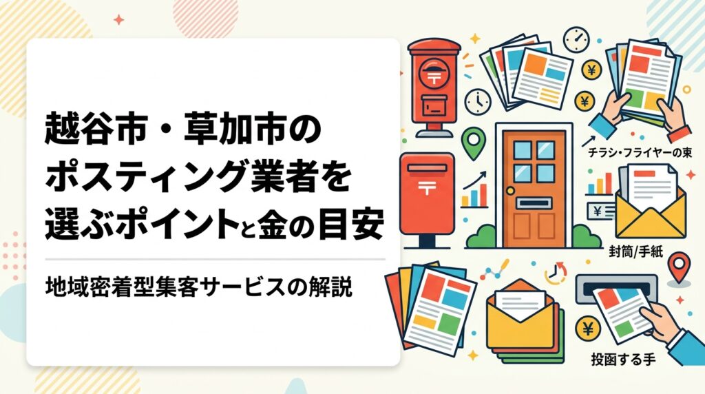 越谷市・草加市でポスティングを検討中の方へ。業者選びのポイント、1枚あたりの料金目安、GPS配布報告や小ロット対応など実務的な情報を詳しく解説します。