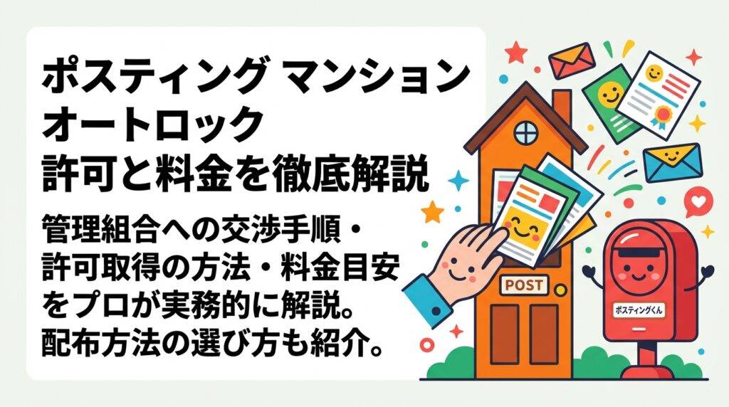 オートロック付きマンションへのポスティングは許可が必要？管理組合への交渉手順・許可取得の方法・料金目安をプロが実務的に解説。配布方法の選び方も紹介します。