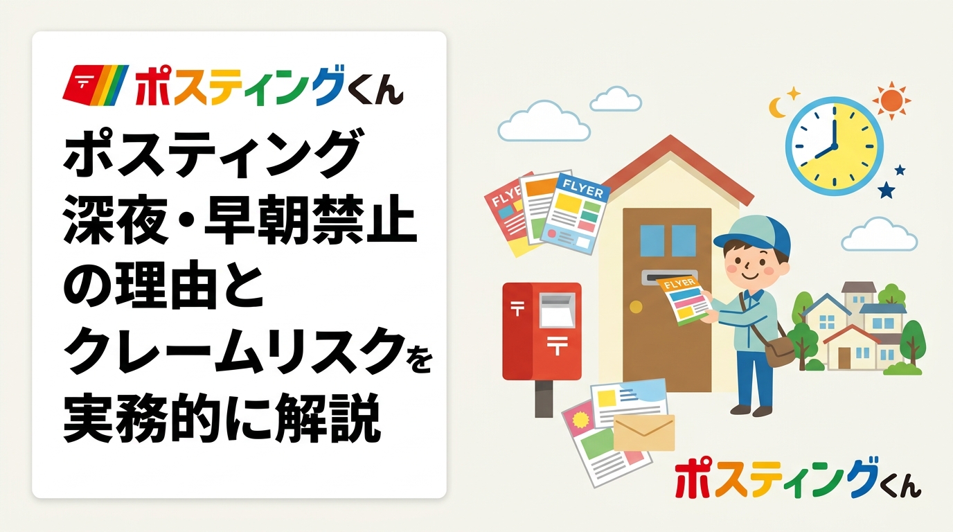 ポスティングを深夜・早朝に行うと法令違反やクレームにつながる可能性があります。禁止の根拠・時間帯のリスク・代行業者の管理方法を実務的に解説します。