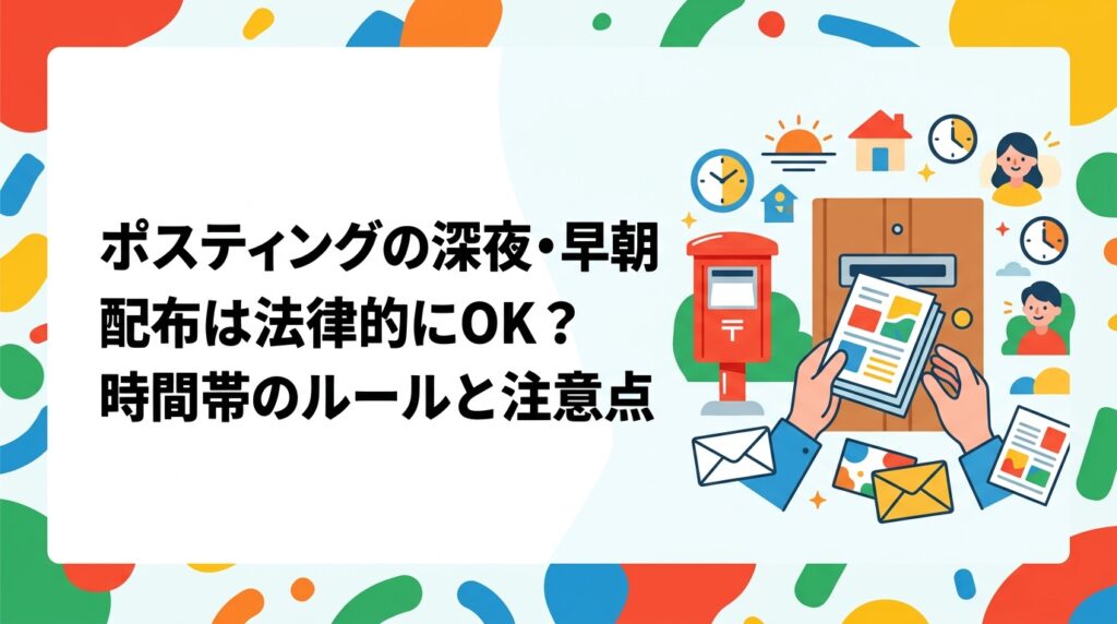 ポスティングの深夜・早朝配布が法的にどう扱われるか、迷惑防止条例や騒音規制の観点から解説。推奨時間帯や近隣トラブル防止策、信頼できる業者選びのポイントも詳しく紹介します。