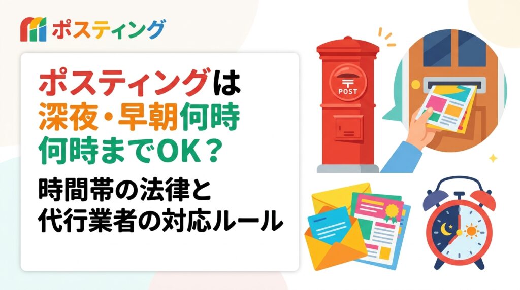 ポスティングの深夜・早朝配布は何時までOKか、迷惑防止条例など法律上の根拠と代行業者が設ける時間帯ルールを具体的に解説。初めて依頼する店舗オーナーや販促担当者の疑問にお答えします。