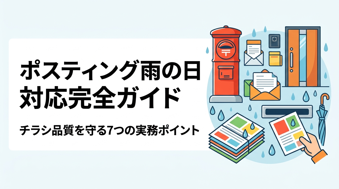 雨の日のポスティングでチラシが濡れる・破れる心配を徹底解説。防水袋対応の有無、紙質・加工の選び方、業者への確認事項など品質管理の実務ポイントをわかりやすくまとめました。