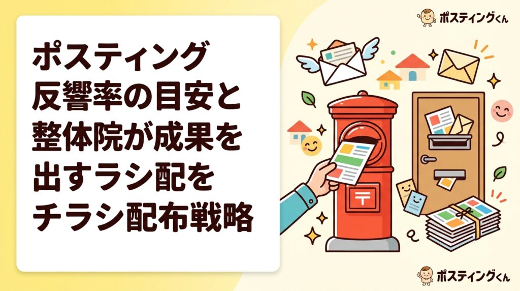 整体院・接骨院向けポスティングの反響率目安（0.1〜0.3%）や効果的なチラシ内容、配布エリアの選び方、初回クーポン活用法まで実務的に解説。集客に悩む治療院オーナー必読の情報です。