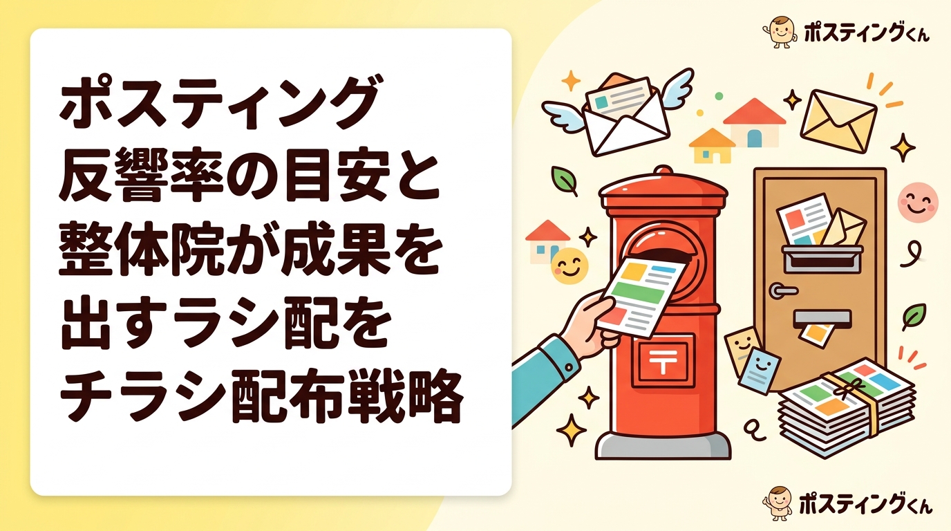 整体院・接骨院向けポスティングの反響率目安（0.1〜0.3%）や効果的なチラシ内容、配布エリアの選び方、初回クーポン活用法まで実務的に解説。集客に悩む治療院オーナー必読の情報です。