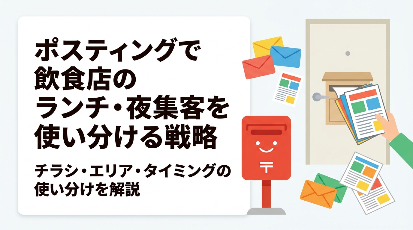 飲食店がポスティングでランチと夜の集客を伸ばすには、チラシの訴求・配布エリア・タイミングの使い分けが重要です。オフィス街と居住エリアの活用例や反響率の目安（目安）も交えて実務的に解説します。