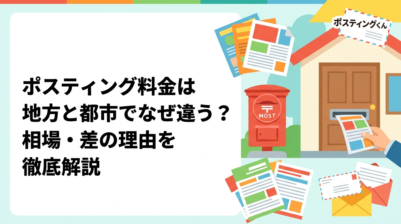 ポスティング料金の相場は地方と都市部で異なります。配布密度・移動コスト・世帯数など差が生まれる理由を実務的に解説。地方エリアでも小ロット対応・GPS報告が可能な全国対応サービスも紹介。