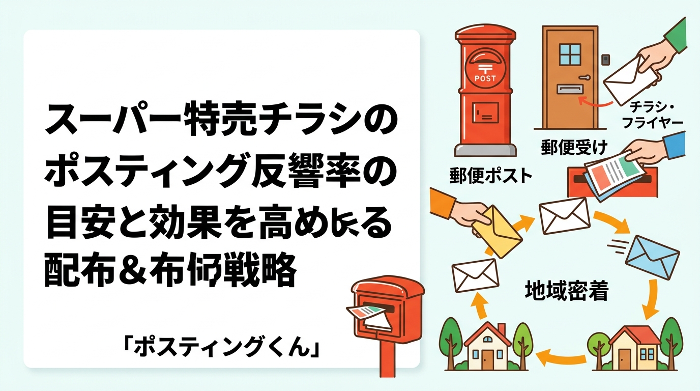 スーパー・小売店の販促担当者向けに、ポスティングによる特売チラシの反響率の目安と、配布頻度・枚数・エリア設定の実務的な考え方をわかりやすく解説します。