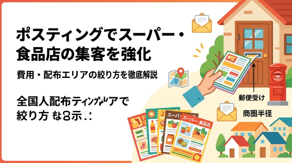 食品スーパー・食料品店のチラシ集客にポスティングを活用するための費用相場、配布エリア（商圏半径）の絞り方、枚数の考え方、新聞折込との使い分けを実務的に解説します。