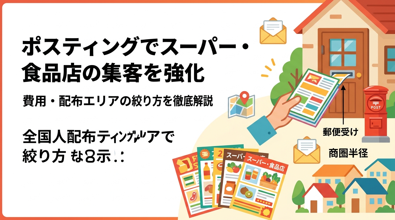 食品スーパー・食料品店のチラシ集客にポスティングを活用するための費用相場、配布エリア(商圏半径)の絞り方、枚数の考え方、新聞折込との使い分けを実務的に解説します。