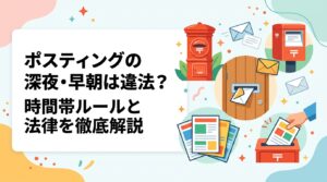ポスティングの深夜・早朝配布は法律や条例上どう扱われるのか。迷惑防止条例の考え方、クレーム防止の推奨時間帯、配布代行業者の選び方まで実務的に解説します。