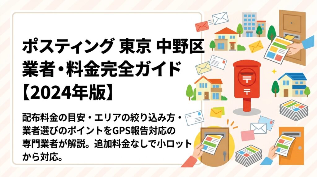 中野区でポスティングを検討中の方へ。配布料金の目安・エリア絞り込みの考え方・業者選びのポイントをGPS報告対応の専門業者が実務的に解説。追加料金なしで小ロットから対応。