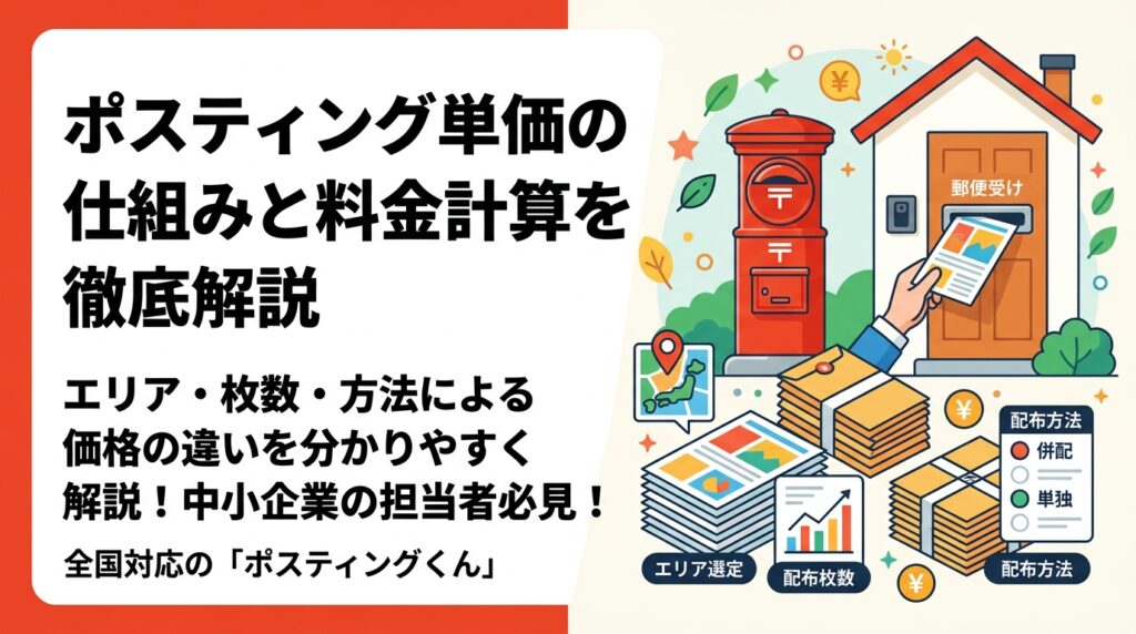 ポスティングの1枚あたり単価がどう決まるか、エリア・枚数・配布方法・印刷有無の観点から分かりやすく解説。料金計算の仕組みを理解してから安心して発注したい中小企業担当者必見です。